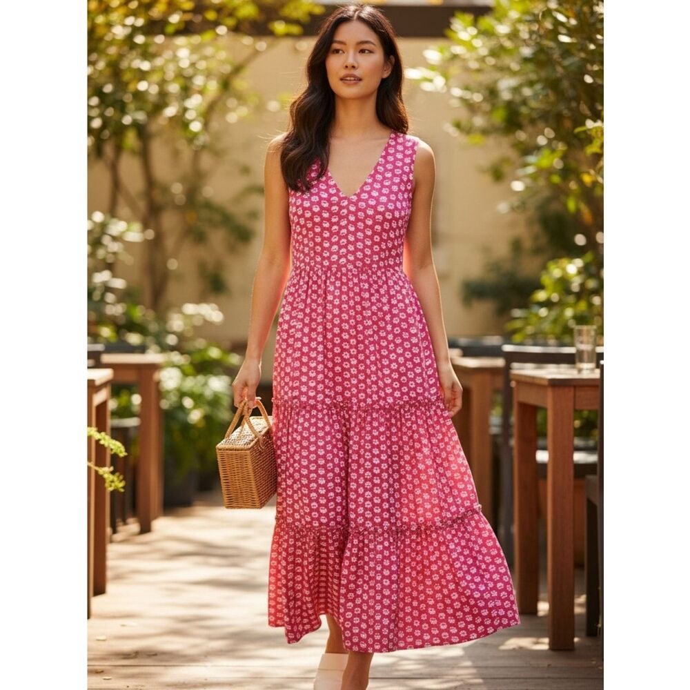 J. Crew Factory Pink Floral Tiered Sleeveless V-Neck Midi Dress Size 0 (XS) EUC
